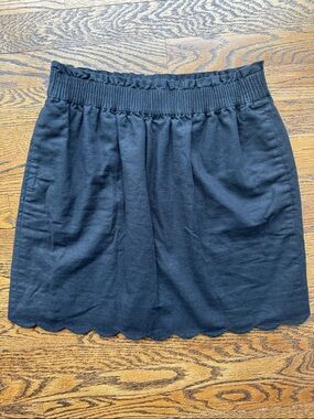J. Crew Linen Cotton Blend Black Scalloped Hem Elastic Waist Midi Skirt Size 6